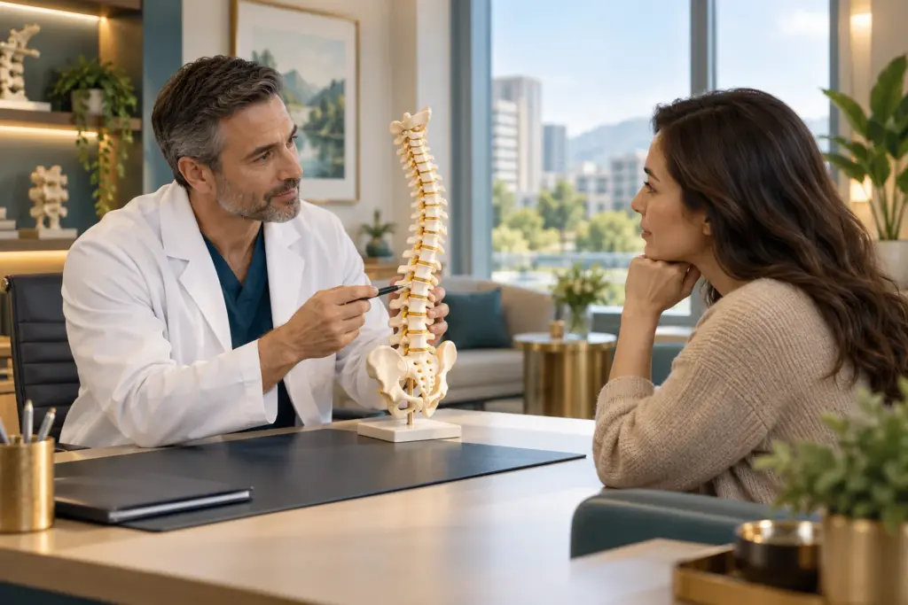 Ilustración de un profesional y una paciente examinando un modelo de columna